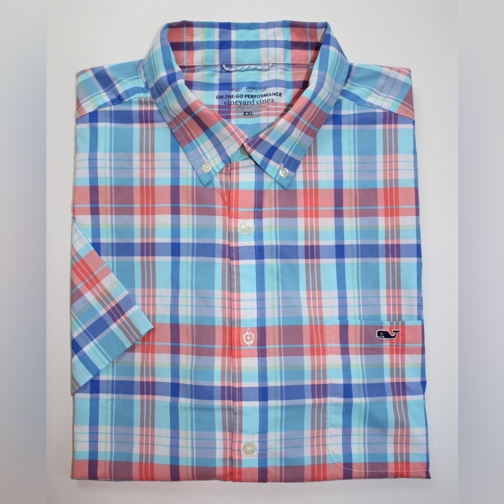 Vineyard Vines OTG Shirt - Mens Size XXL - Blue/White/Orange Plaid Button-up